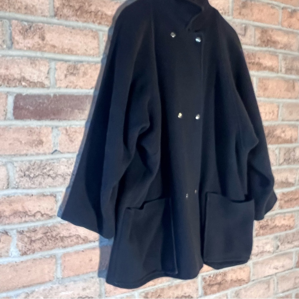 EATON Vintage Coat Double Breasted Ribbed Batwing Black Wool - Picture 13 of 15